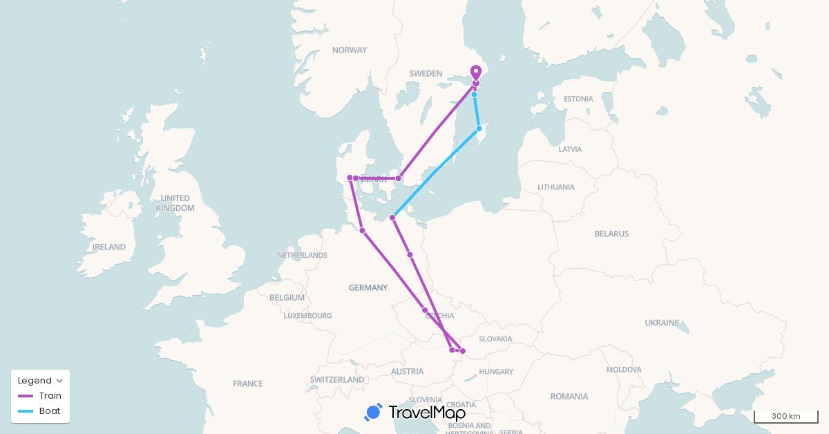 TravelMap itinerary: driving, train, boat in Austria, Czech Republic, Germany, Denmark, Sweden, Slovakia (Europe)